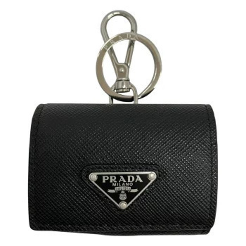 Prada Saffiano Leather Earphone Case Black Keychain Triangle